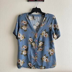 Vintage My Pieces 100% rayon blue floral short sleeve button up top